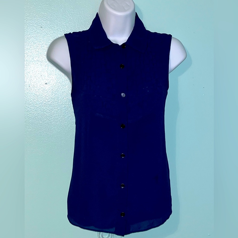 Lost April Blouse Sleeveless Blue Button Down‎ Basketweave Sheer Back Size S